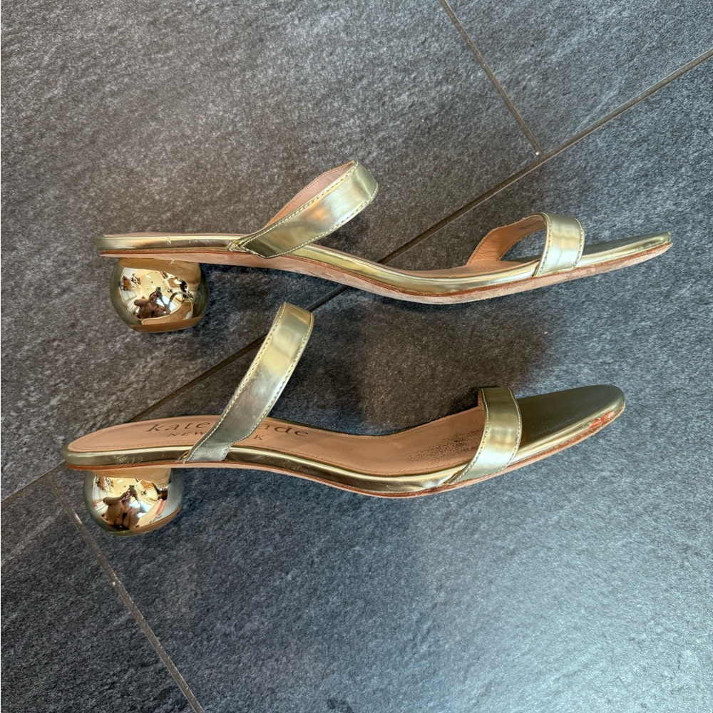 Kate Spade Gold Metallic Block Heel Slide Sandals Size 8.5